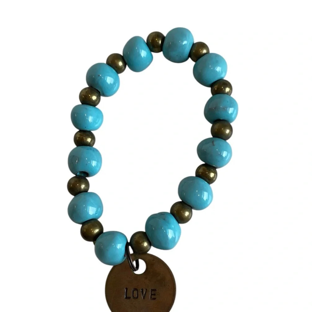 Inspirational Copper Love Stamped And Heart Blue Glass Beaded Charm Bracelets - Picture 3 of 4